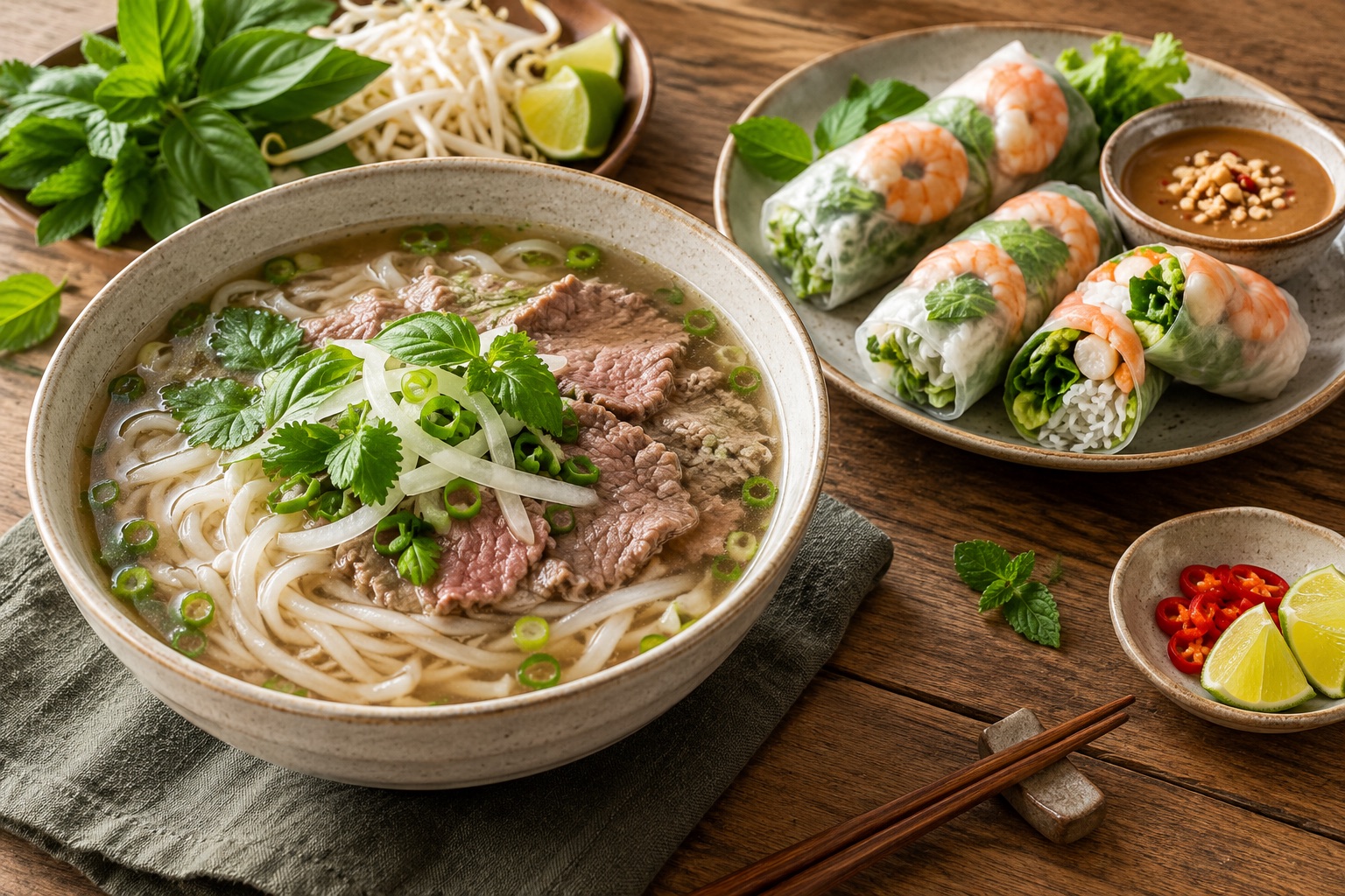 Phở bò und frische Sommerrollen mit Garnelen