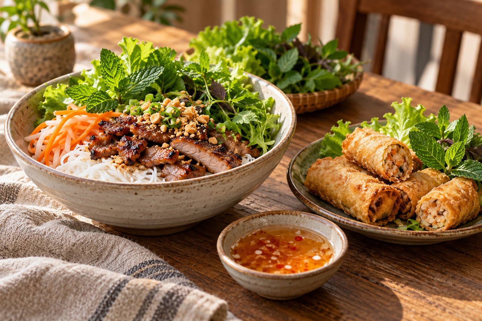 Bún thịt nướng mit Kräutern und knusprigen Frühlingsrollen