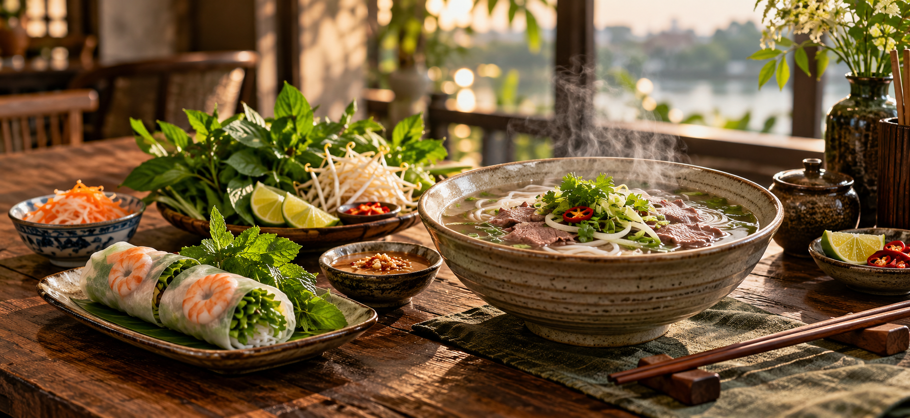 Vietnamesische Gerichte mit frischen Kräutern